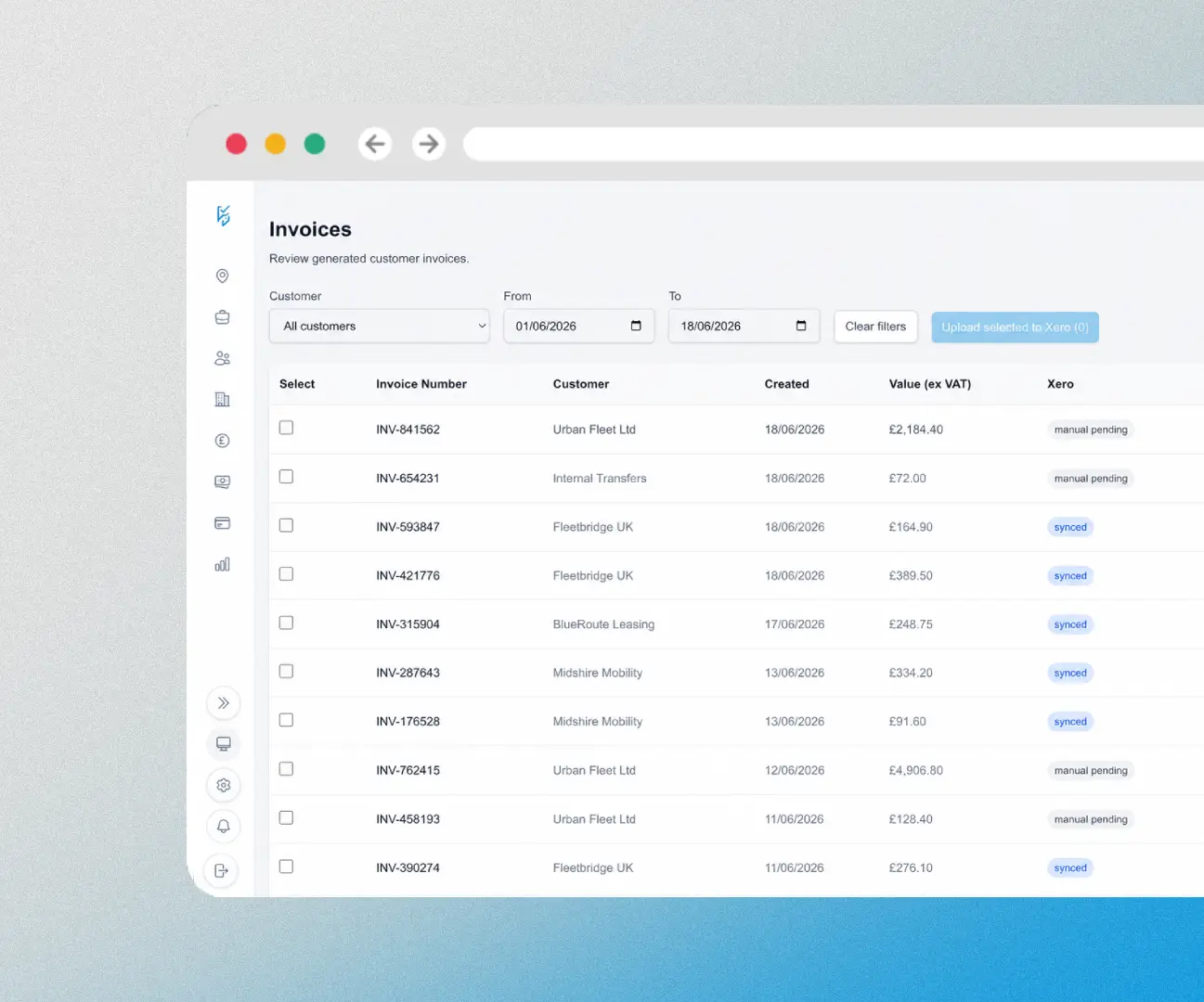 DriveTrack invoices list with customer filters, dates, values, and Xero status