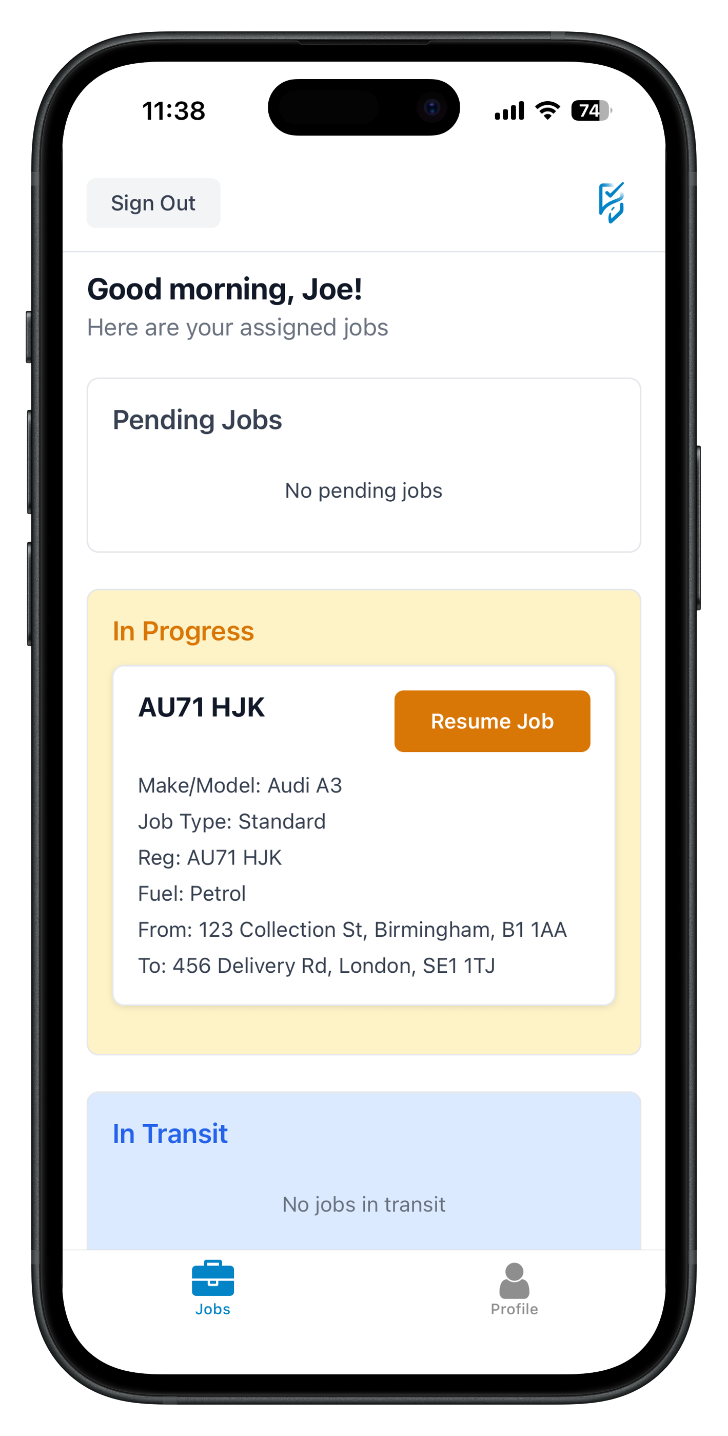 DriveTrack mobile app job overview screen
