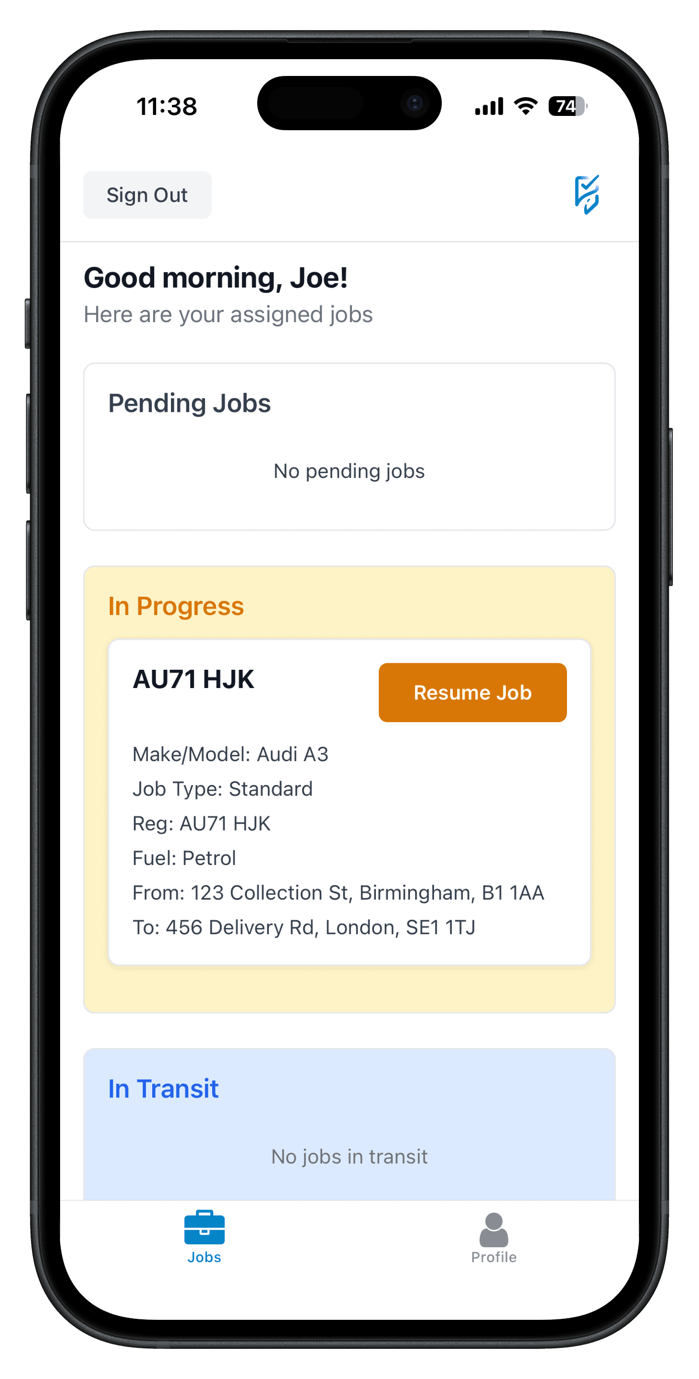 DriveTrack mobile app job overview screen