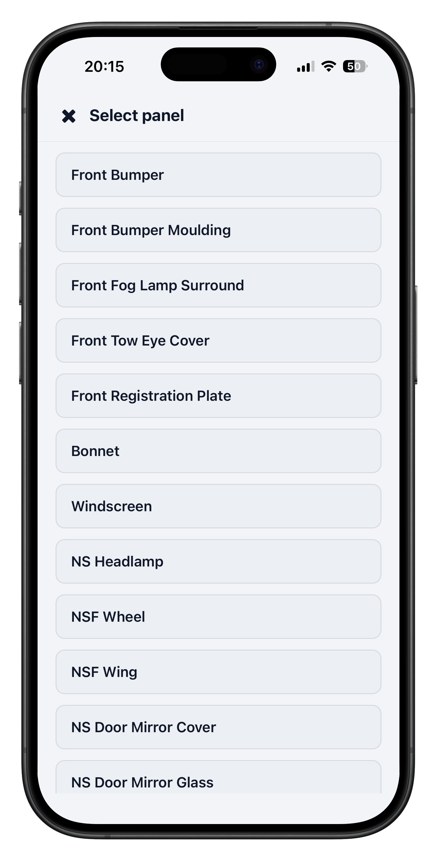 DriveTrack Mobile vehicle panel selection screen