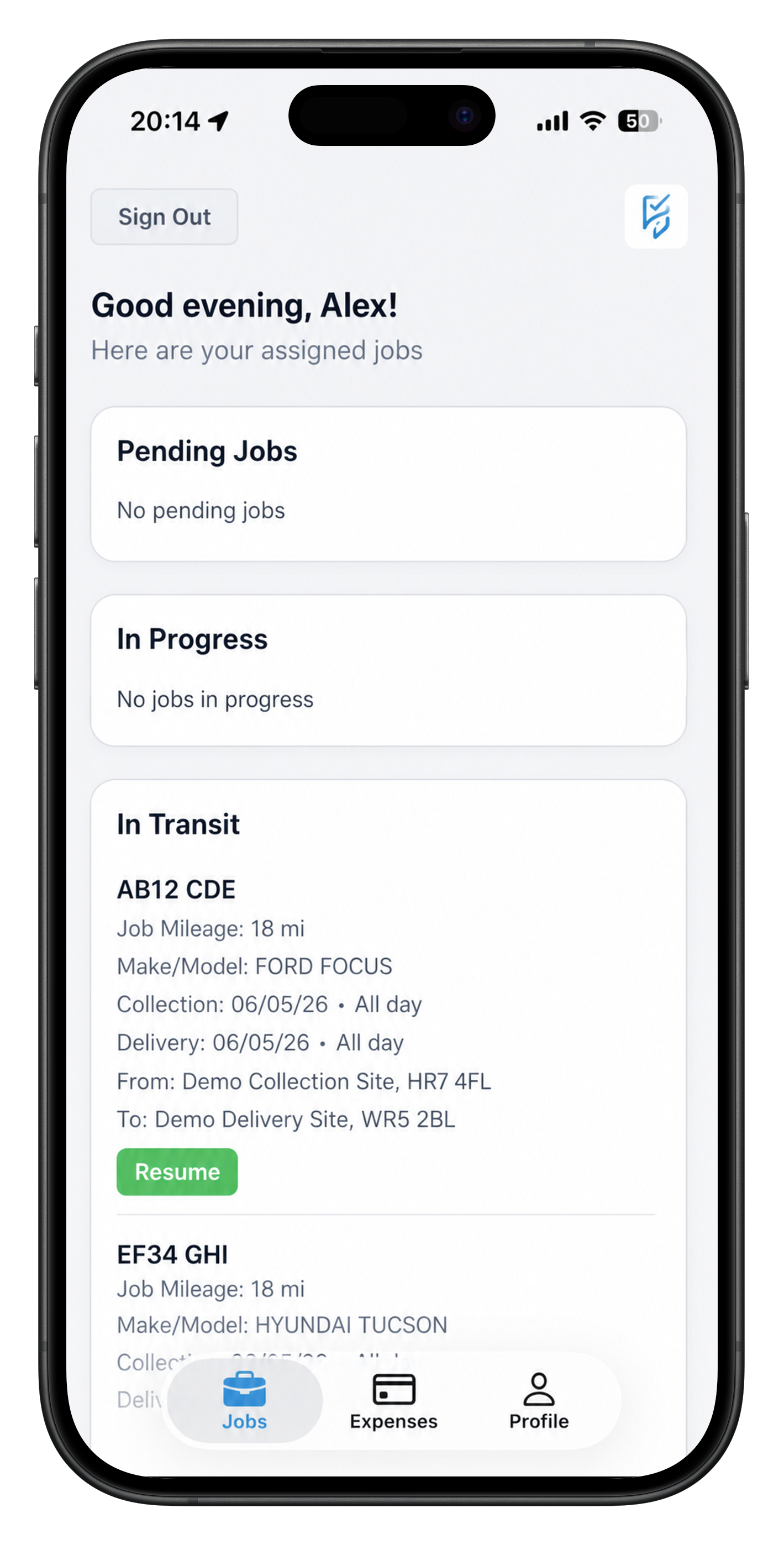 DriveTrack Mobile assigned jobs screen
